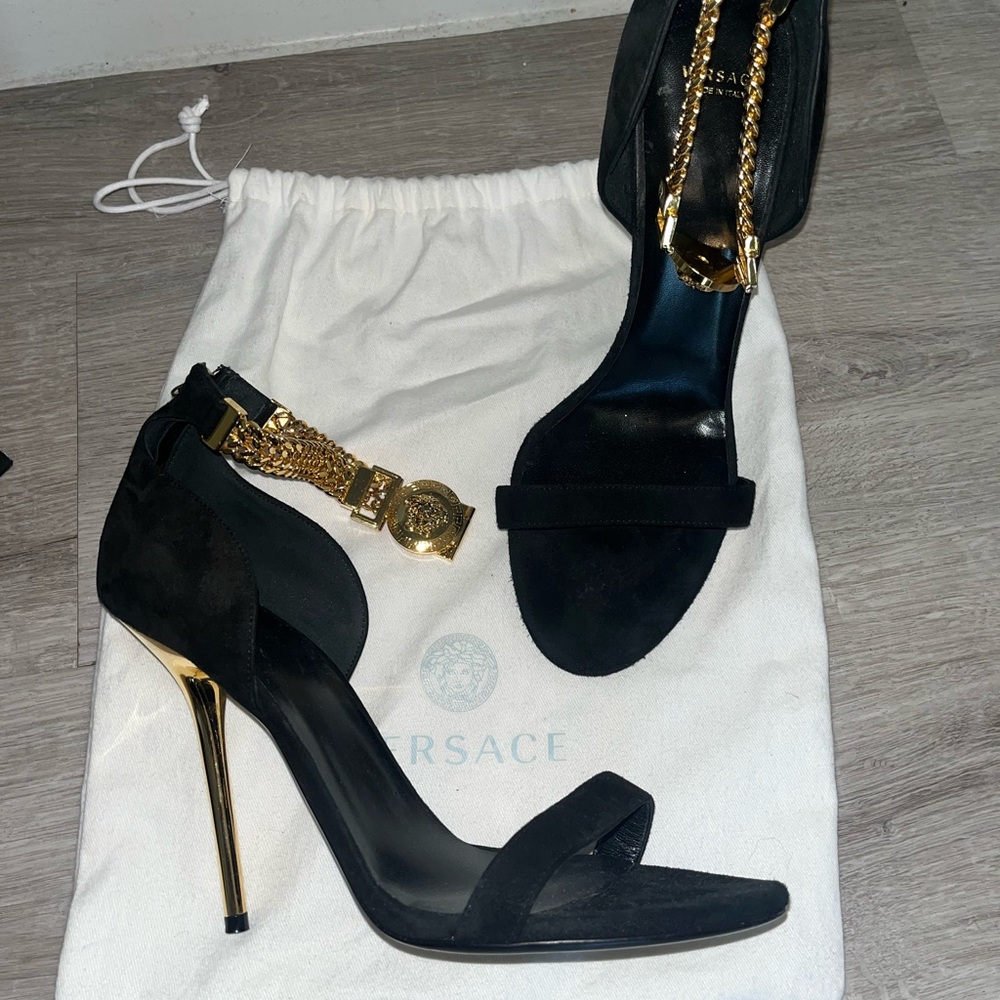 Versace Elegant Black Heels with Gold Details